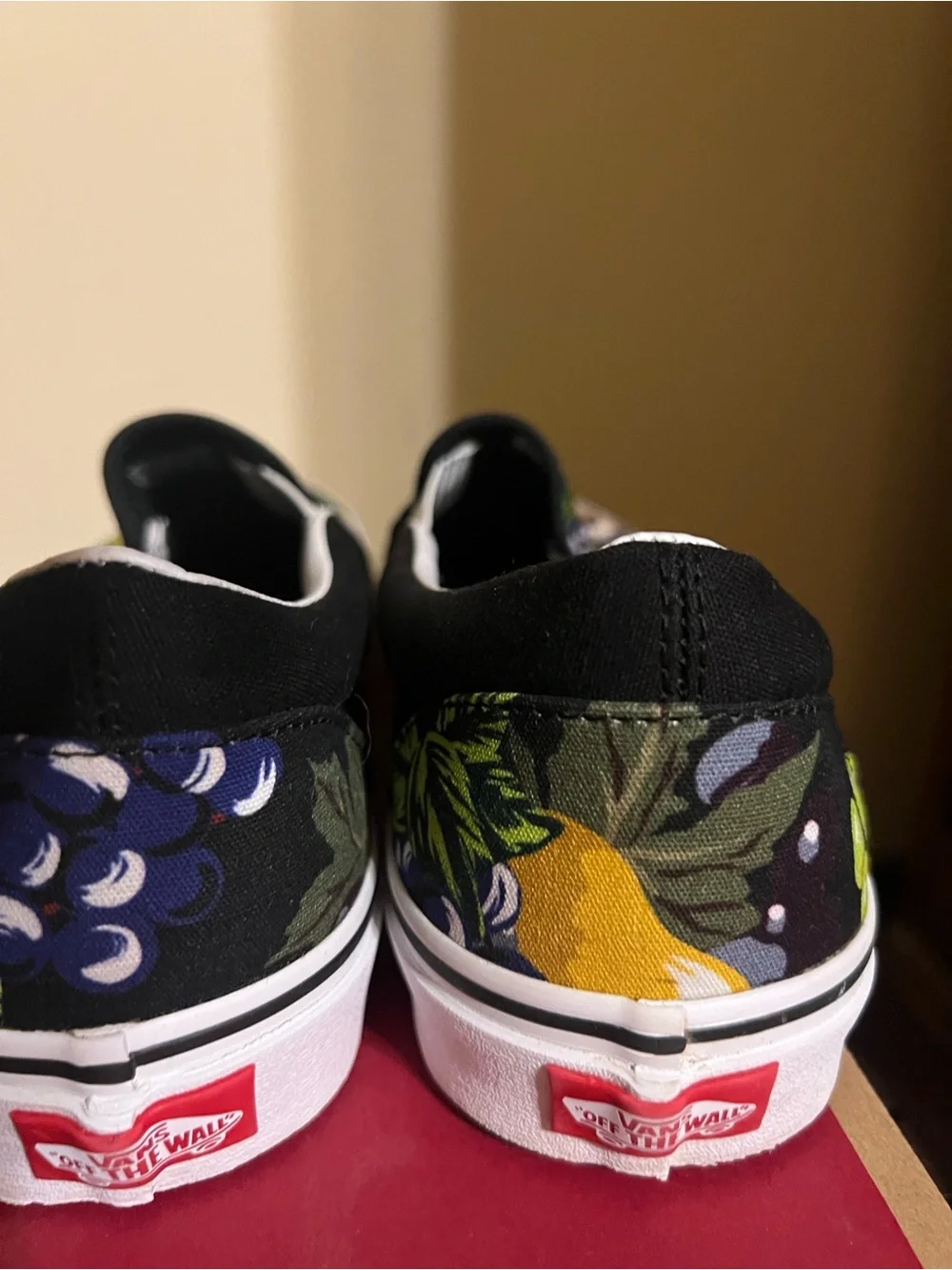 Unique Vans Black Canvas Slip-On with Colorful Skull & Fruit Print